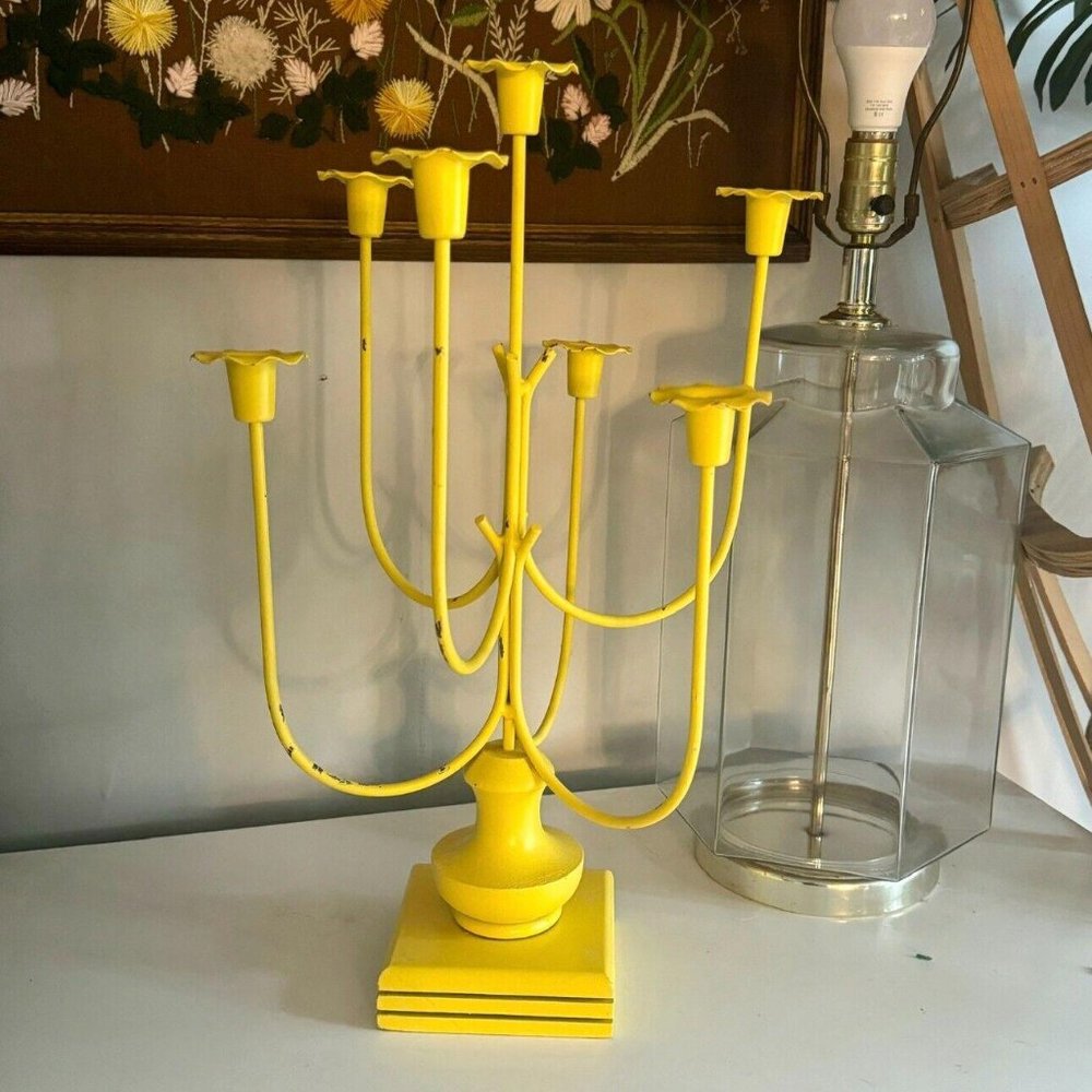 Large Vintage Funky Flower Candelabra 6 Candle Metal Wood Base 20.5” Tall - Picture 1 of 6